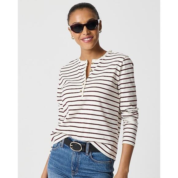 J. Crew Striped Ruffle Collar Henley Size M Pink Ivory Preppy Academia - Picture 1 of 6